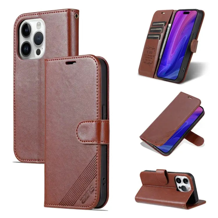 AZNS Sheepskin Texture Flip Leather Phone Case - For iPhone 15 Pro / Brown - Apple Accessories