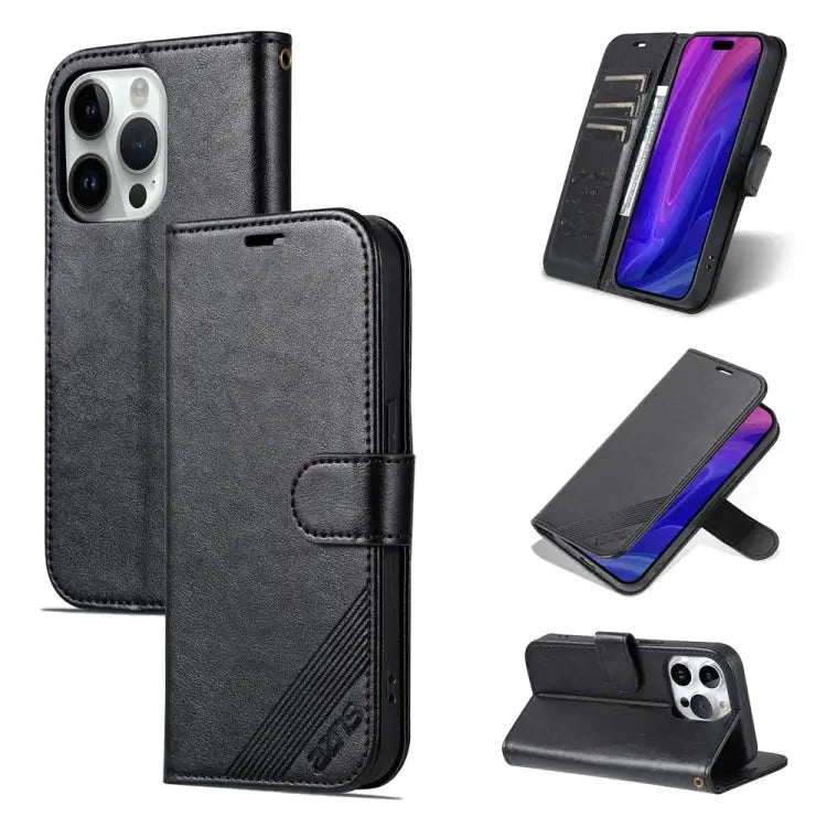 AZNS Sheepskin Texture Flip Leather Phone Case - For iPhone 15 Pro / Black - Apple Accessories
