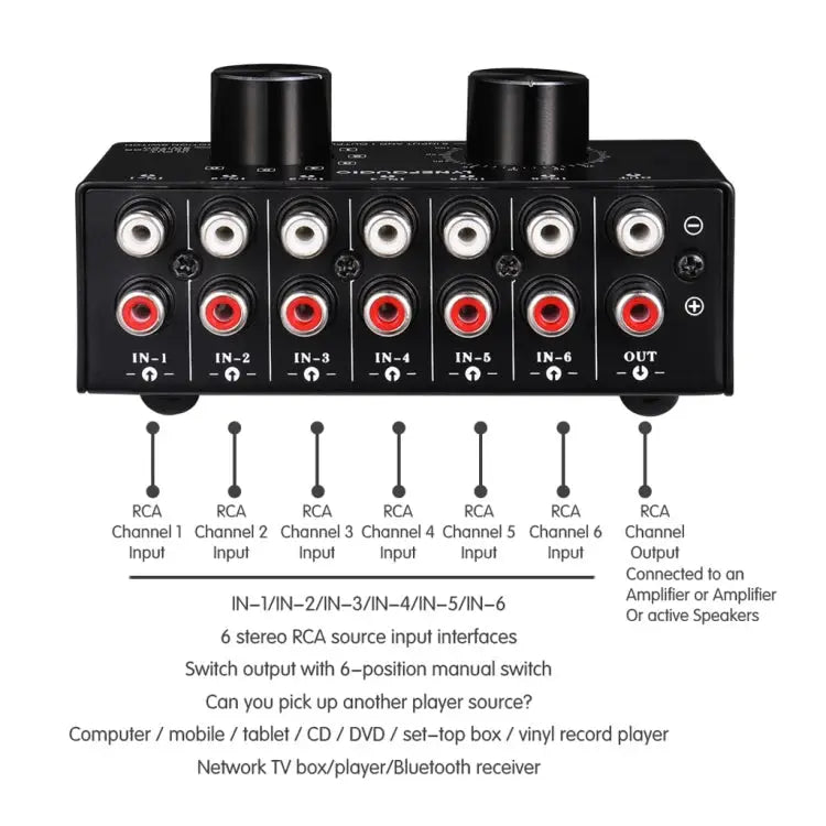 B016 6 Input 1 Output Audio Signal Source Selection Switcher Output Volume Adjustment Control RCA Port