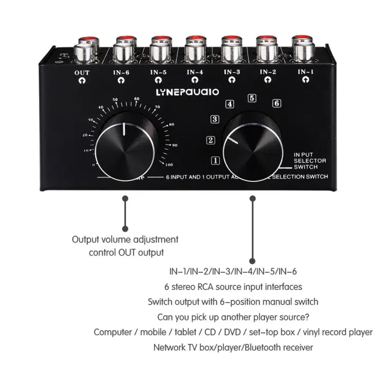 B016 6 Input 1 Output Audio Signal Source Selection Switcher Output Volume Adjustment Control RCA Port