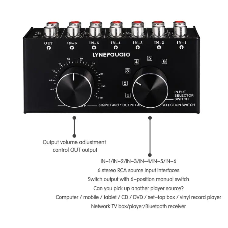 B016 6 Input 1 Output Audio Signal Source Selection Switcher Output Volume Adjustment Control RCA Port