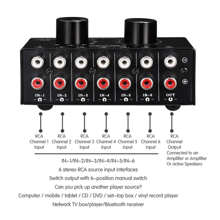 B016 6 Input 1 Output Audio Signal Source Selection Switcher Output Volume Adjustment Control RCA Port