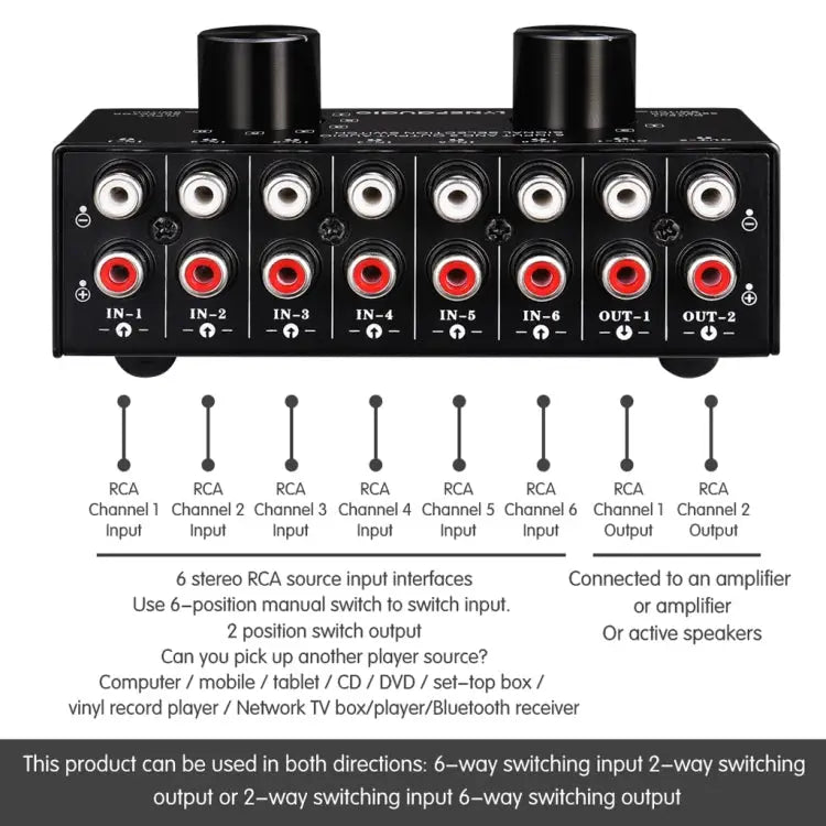 B026 6 Input 2 Output Or 2 Input 6 Output Audio Signal Source Selection Switcher RCA Port
