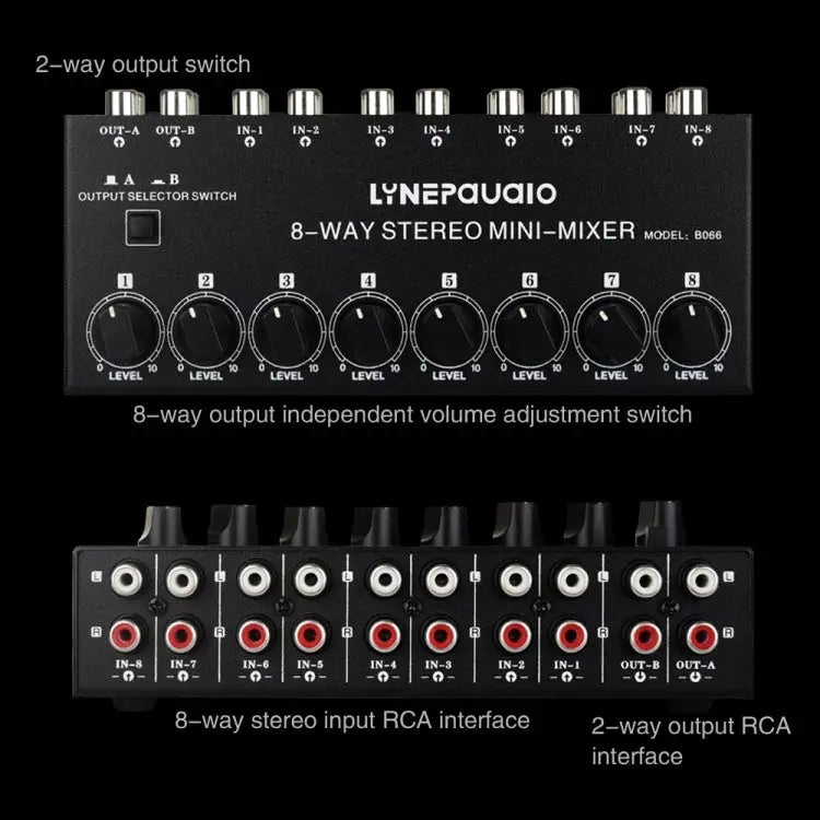 B066 Mini Stereo 8 Channel RCA Non Source Sound Passive Mixer No Power Supply 8 Channel RCA - 8 Channel RCA