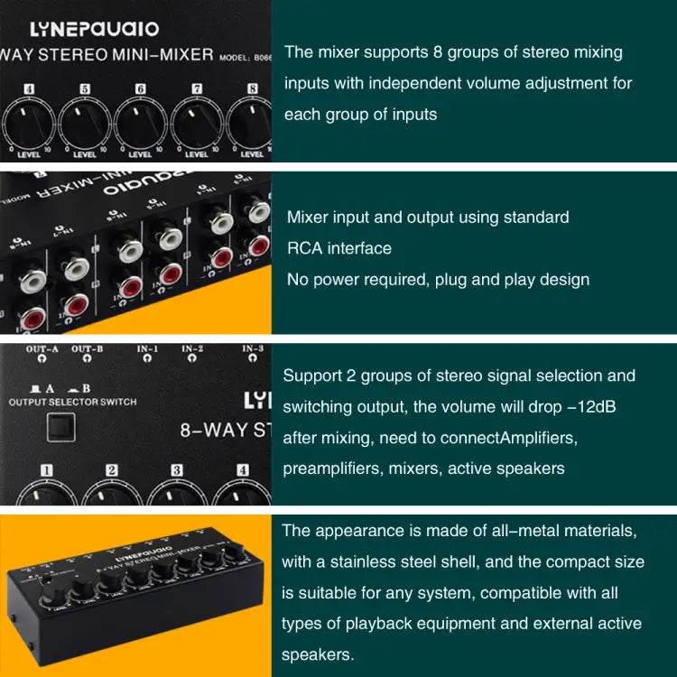 B066 Mini Stereo 8 Channel RCA Non Source Sound Passive Mixer No Power Supply 8 Channel RCA - 8 Channel RCA