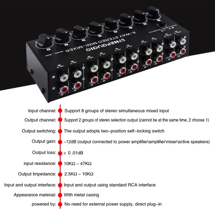 B066 Mini Stereo 8 Channel RCA Non Source Sound Passive Mixer No Power Supply 8 Channel RCA - 8 Channel RCA