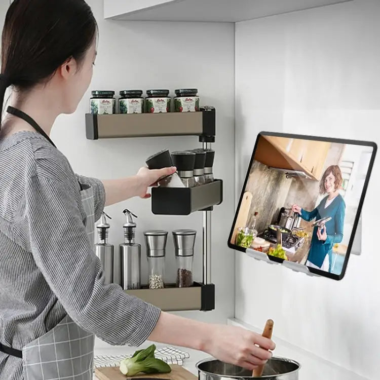 B87 Punch-free Tablet PC Aluminum Alloy Bracket Bathroom Kitchen Adhesive Wall Phone Holder B87 (Silver Gray) - B87