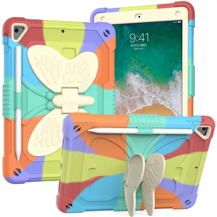 Beige PC + Silicone Anti-drop Protective Case with Butterfly Shape Holder & Pen Slot For iPad 9.7 2018 & 2017 / Pro 9.7