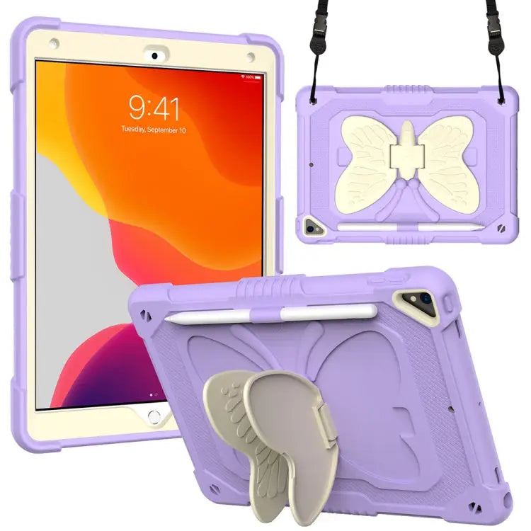 Beige PC + Silicone Anti-drop Protective Case with Butterfly Shape Holder & Pen Slot For iPad 9.7 2018 & 2017 / Pro 9.7