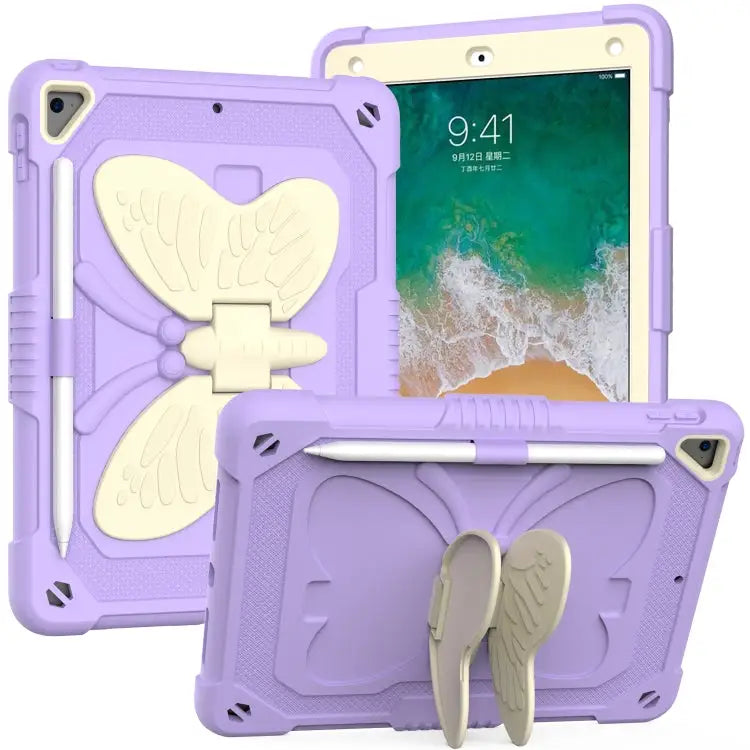 Beige PC + Silicone Anti-drop Protective Case with Butterfly Shape Holder & Pen Slot For iPad 9.7 2018 & 2017 / Pro 9.7