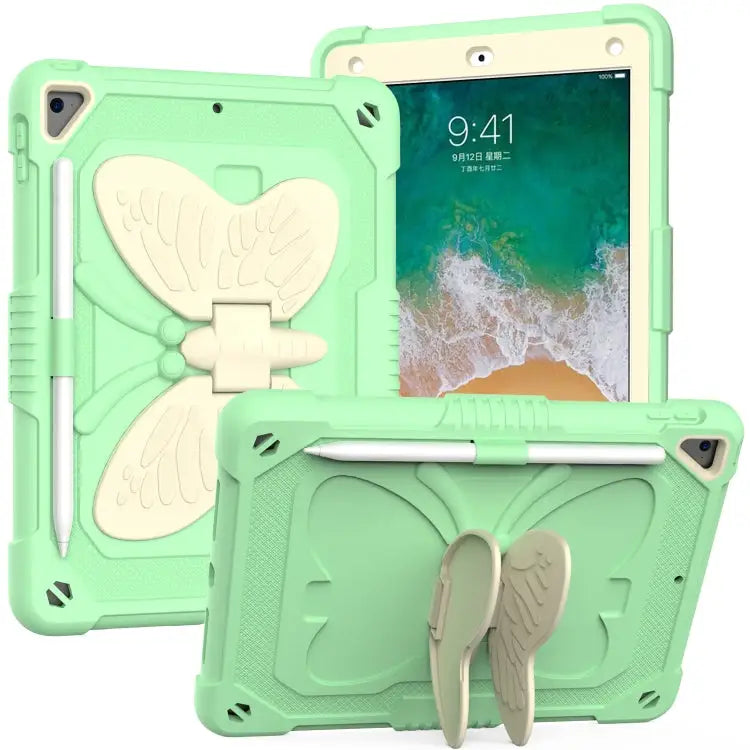 Beige PC + Silicone Anti-drop Protective Case with Butterfly Shape Holder & Pen Slot For iPad 9.7 2018 & 2017 / Pro 9.7