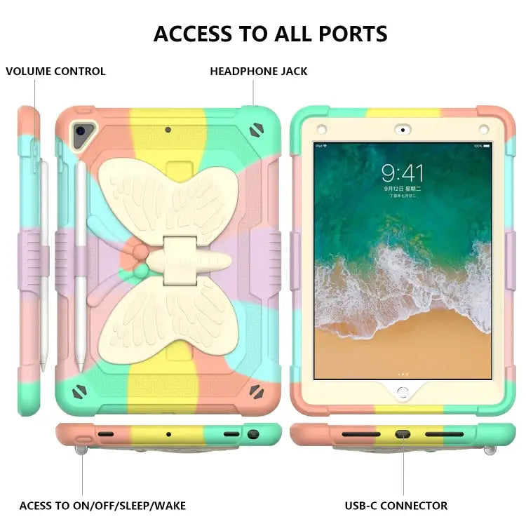 Beige PC + Silicone Anti-drop Protective Case with Butterfly Shape Holder & Pen Slot For iPad 9.7 2018 & 2017 / Pro 9.7