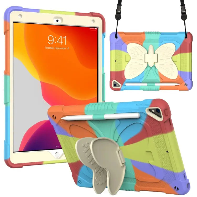 Beige PC + Silicone Anti-drop Protective Case with Butterfly Shape Holder & Pen Slot For iPad 9.7 2018 & 2017 / Pro 9.7
