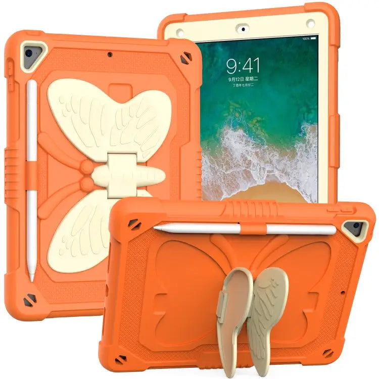 Beige PC + Silicone Anti-drop Protective Case with Butterfly Shape Holder & Pen Slot For iPad 9.7 2018 & 2017 / Pro 9.7