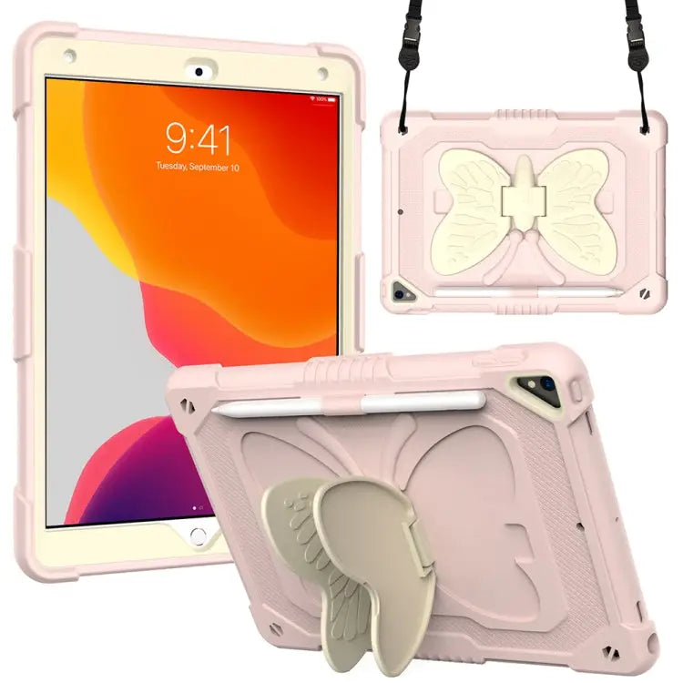Beige PC + Silicone Anti-drop Protective Case with Butterfly Shape Holder & Pen Slot For iPad 9.7 2018 & 2017 / Pro 9.7