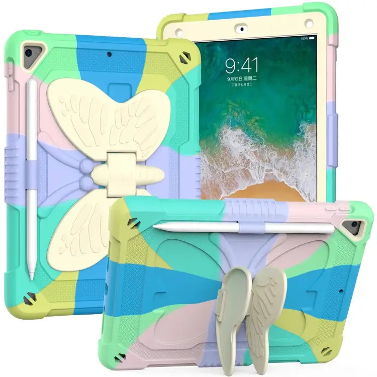 Beige PC + Silicone Anti-drop Protective Case with Butterfly Shape Holder & Pen Slot For iPad 9.7 2018 & 2017 / Pro 9.7