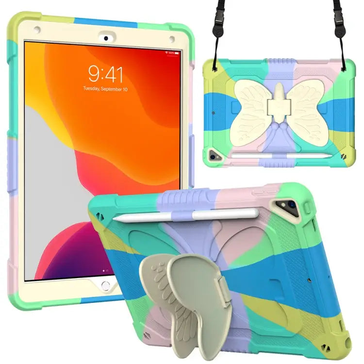 Beige PC + Silicone Anti-drop Protective Case with Butterfly Shape Holder & Pen Slot For iPad 9.7 2018 & 2017 / Pro 9.7