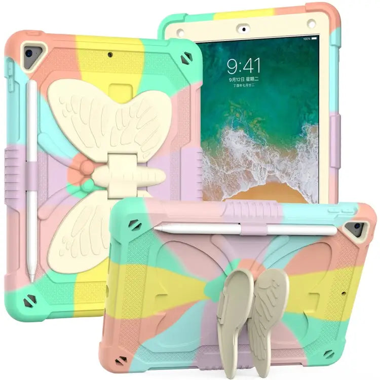 Beige PC + Silicone Anti-drop Protective Case with Butterfly Shape Holder & Pen Slot For iPad 9.7 2018 & 2017 / Pro 9.7