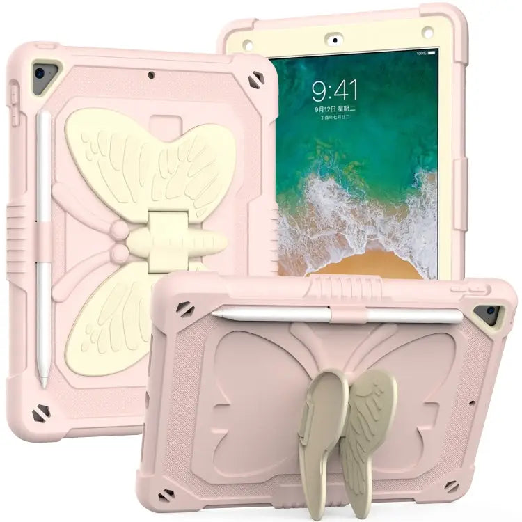 Beige PC + Silicone Anti-drop Protective Case with Butterfly Shape Holder & Pen Slot For iPad 9.7 2018 & 2017 / Pro 9.7