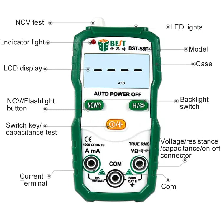 BEST BST-58F Full Automatic Range Multimeter Without Shift Intelligent Identification Digital Multimeter Household Mini