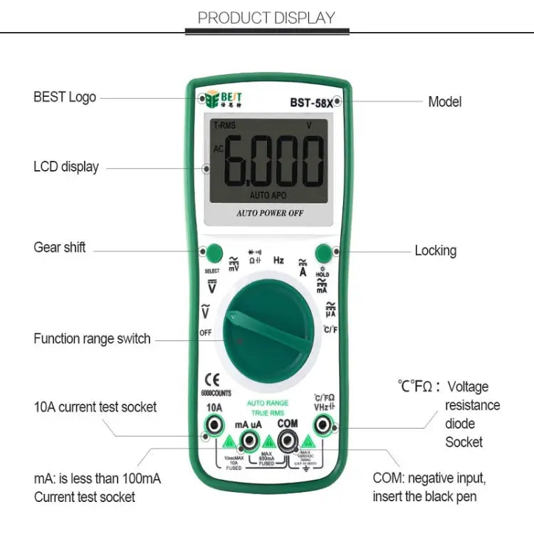 BEST BST-58X Multi-function Digital Multimeter Automatic Range Four Position Semi Backlight Display Intelligent Anti