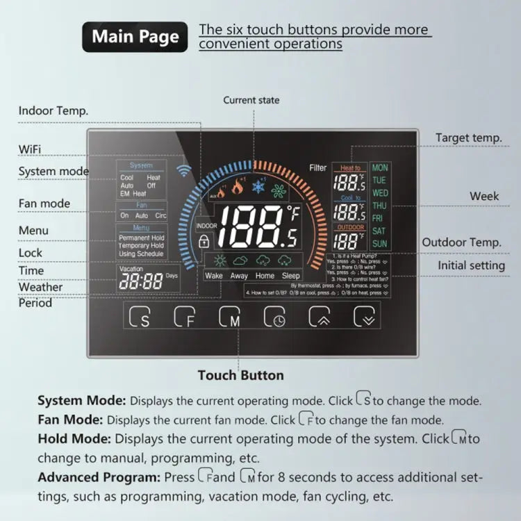 BHP-8000-WIFI-SS 3H2C Smart Home Heat Pump Round Room Brushed Mirror Housing Thermostat with WiFi AC 24V with WiFi