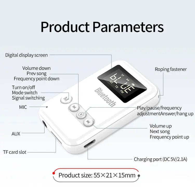 Bluetooth 5.0 Receiver Transmitter 2 in 1 Adapter Computer Speaker Car FM - White