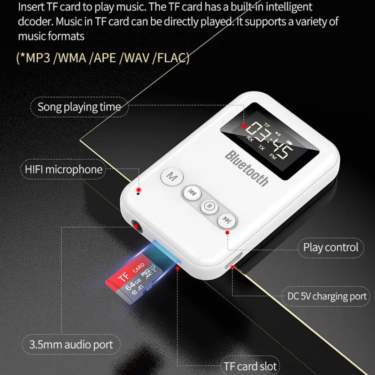 Bluetooth 5.0 Receiver Transmitter 2 in 1 Adapter Computer Speaker Car FM - White
