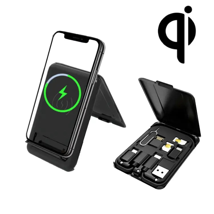BM3016C 15W Wireless Charger Data Cable Organizer With Adapter Folding Phone Stand BM3016C Black - BM3016C Black