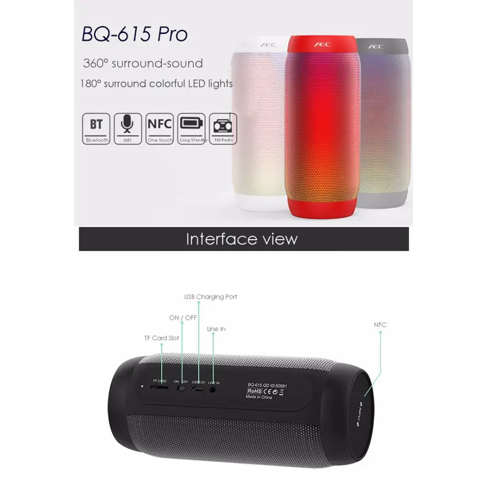 BQ615 PRO Colorful LED Wireless HiFi Stereo Speaker Combines Bluetooth + TF card player + FM radio + AUX + NFC - BQ615