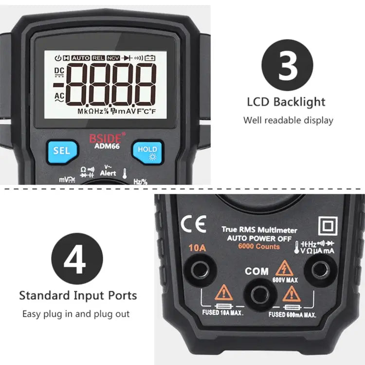 BSIDE ADM66 Handheld Household 6000 Count AC / DC Current Voltage Capacitor Automatic Range Multimeter with LCD
