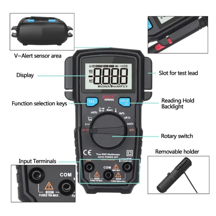 BSIDE ADM66 Handheld Household 6000 Count AC / DC Current Voltage Capacitor Automatic Range Multimeter with LCD