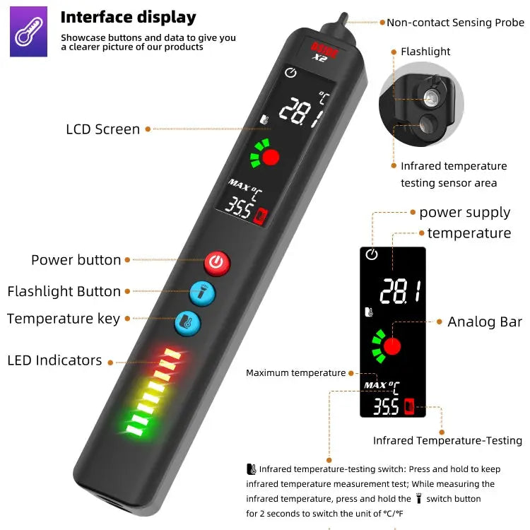 BSIDE X2 Three-Mode Smart Multimeter Electric Pen Infrared Thermometer with Flashlight Lighting X2 - X2