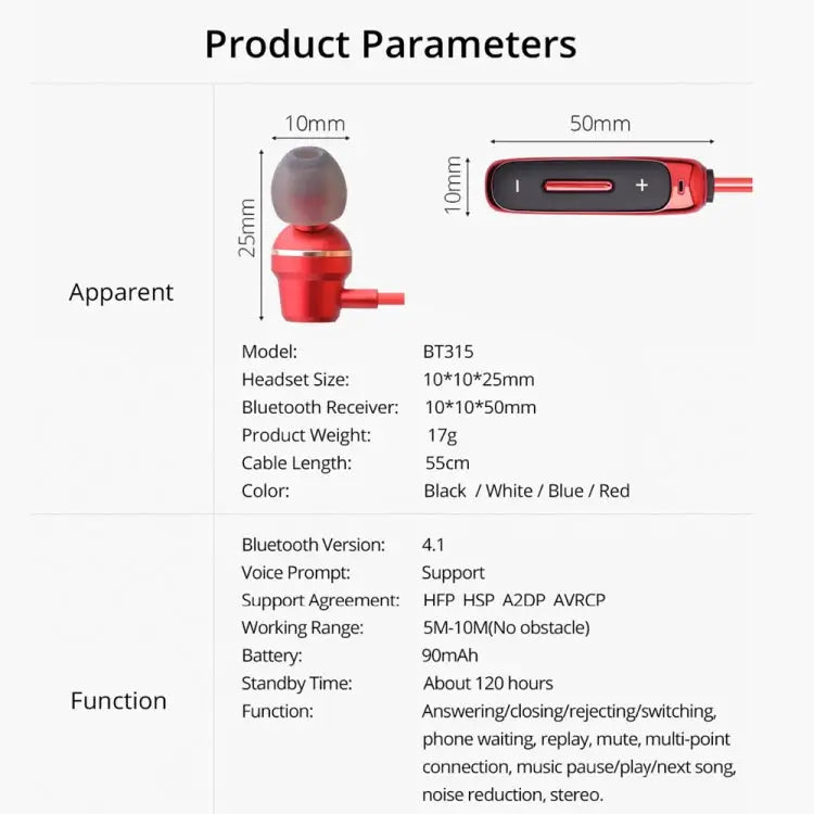 BT315 Sport Bluetooth Headset Wireless Stereo Earphone Bluetooth 4.1 Earpiece With Mic Sport Bass Magnetic Necklace