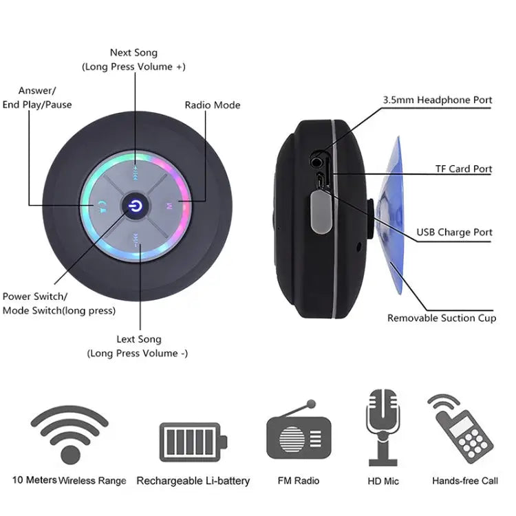 BTS-08 Wireless Bluetooth Speaker Waterproof Led FM Radio Subwoofer Bluetooth Column TF Card Suction Cup Mini Shower