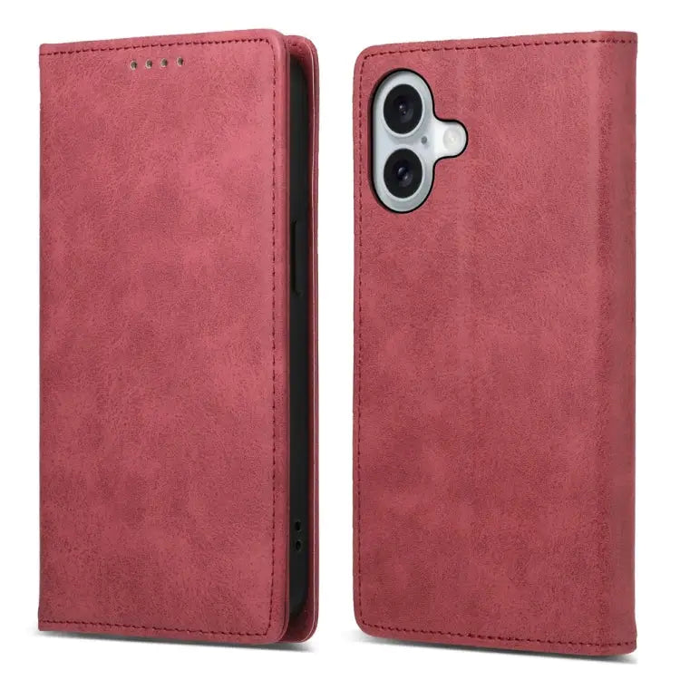 Business Solid Color Magnetic RFID Leather Phone Case For iPhone 16 - For iPhone 16 / Red - Apple Accessories