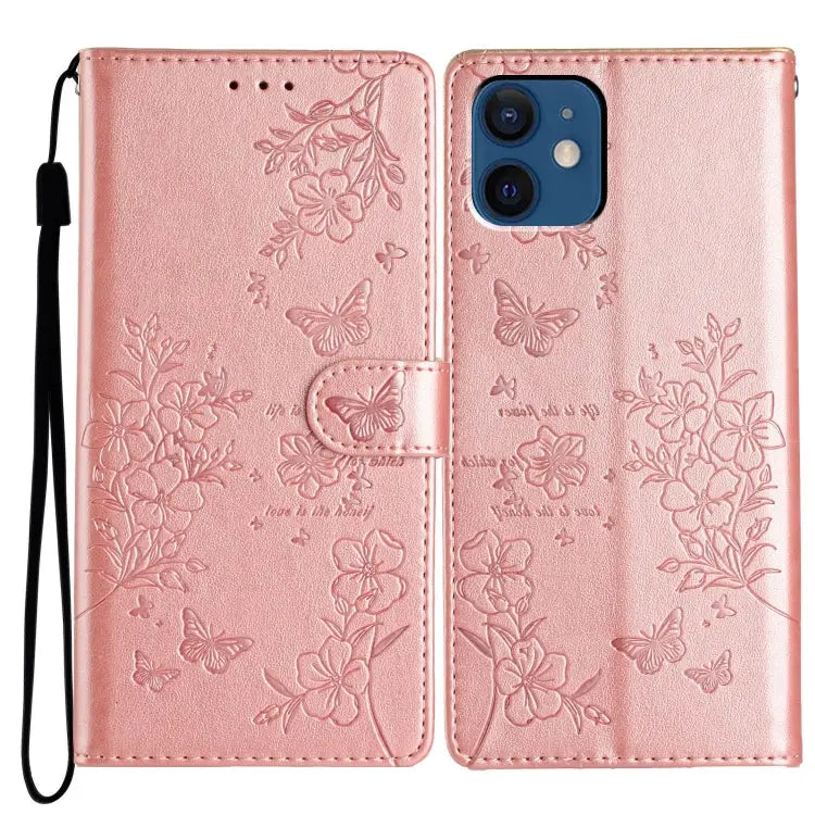 Butterflies and Flowers Leather Phone Case For iPhone 13 For iPhone 13 mini For iPhone 12 / 12 Pro For iPhone 12 Pro