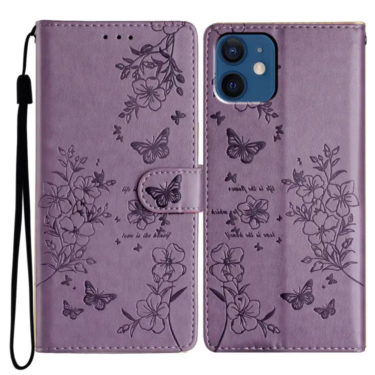 Butterflies and Flowers Leather Phone Case For iPhone 13 For iPhone 13 mini For iPhone 12 / 12 Pro For iPhone 12 Pro