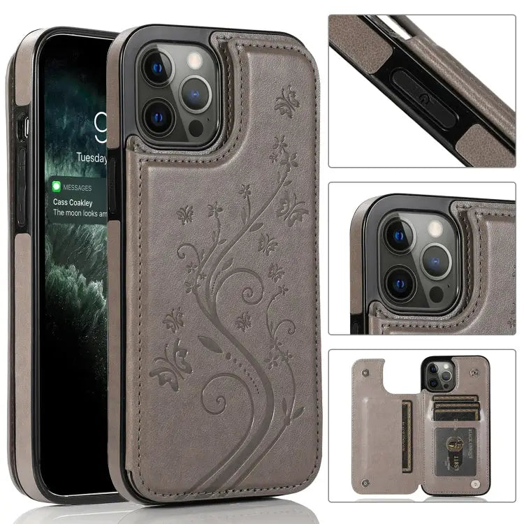 Butterflies Flowers Double Buckle PU + TPU Protective Case with Holder & Card Slots & Photo Frame For iPhone 12 Pro Max