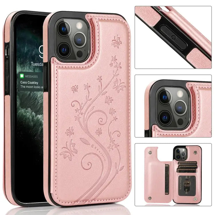 Butterflies Flowers Double Buckle PU + TPU Protective Case with Holder & Card Slots & Photo Frame For iPhone 12 Pro Max