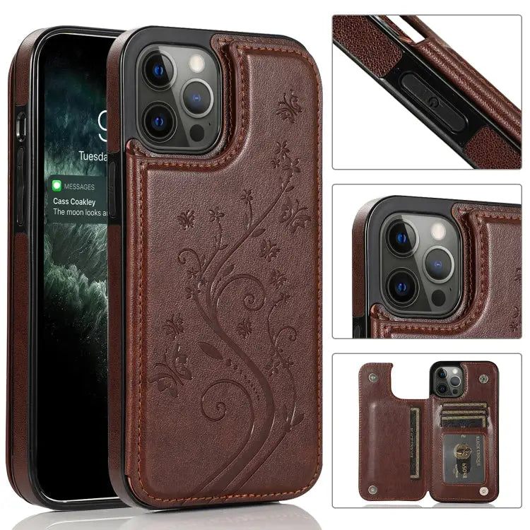 Butterflies Flowers Double Buckle PU + TPU Protective Case with Holder & Card Slots & Photo Frame For iPhone 12 Pro Max
