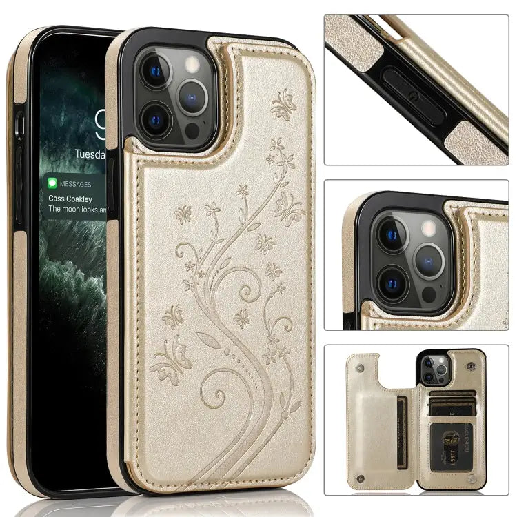 Butterflies Flowers Double Buckle PU + TPU Protective Case with Holder & Card Slots & Photo Frame For iPhone 12 Pro Max