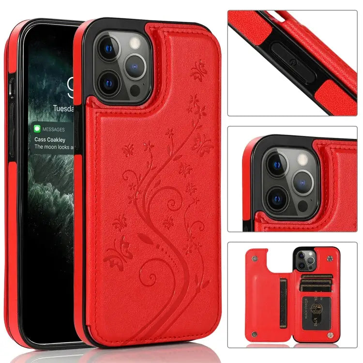 Butterflies Flowers Double Buckle PU + TPU Protective Case with Holder & Card Slots & Photo Frame For iPhone 12 Pro Max