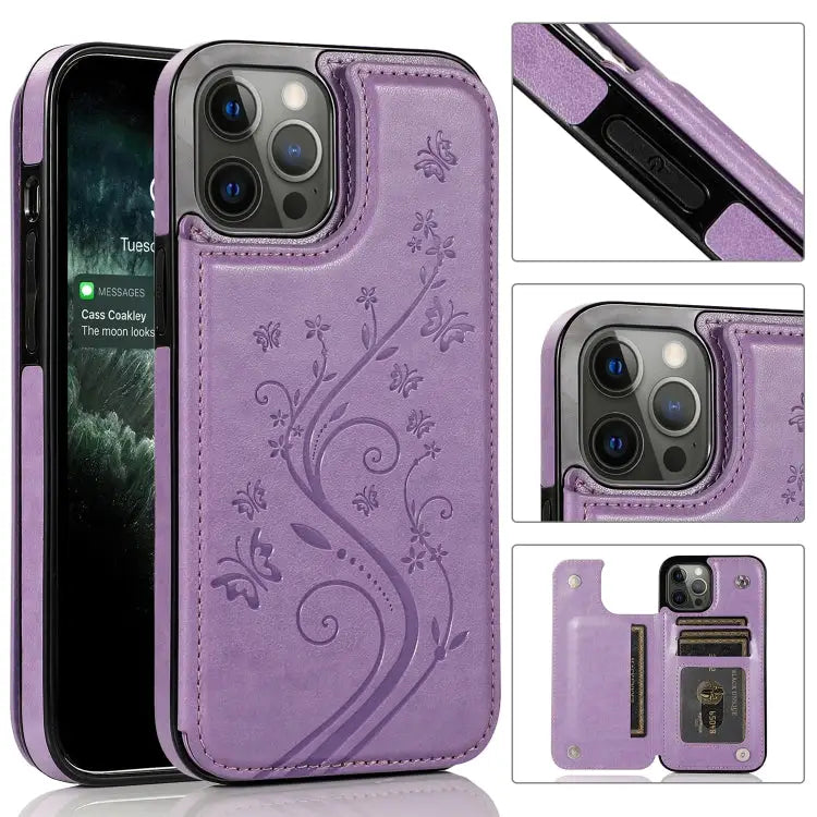 Butterflies Flowers Double Buckle PU + TPU Protective Case with Holder & Card Slots & Photo Frame For iPhone 12 Pro Max