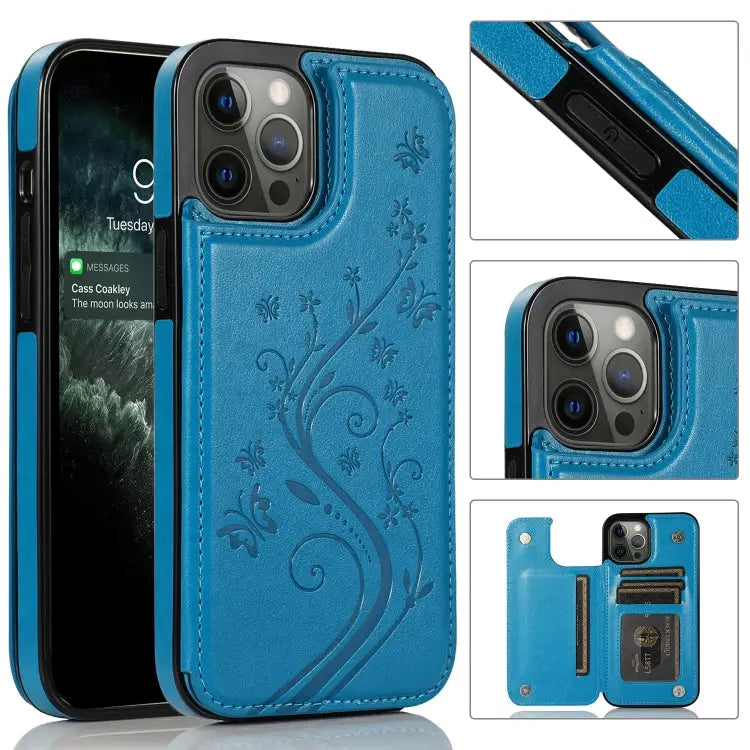 Butterflies Flowers Double Buckle PU + TPU Protective Case with Holder & Card Slots & Photo Frame For iPhone 12 Pro Max