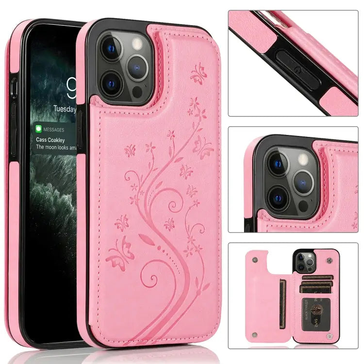Butterflies Flowers Double Buckle PU + TPU Protective Case with Holder & Card Slots & Photo Frame For iPhone 12 Pro Max