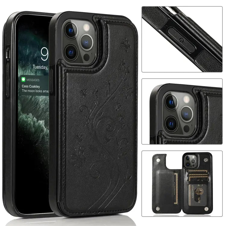 Butterflies Flowers Double Buckle PU + TPU Protective Case with Holder & Card Slots & Photo Frame For iPhone 12 Pro Max