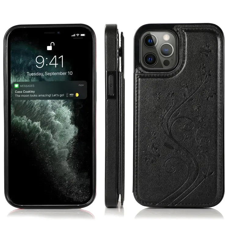 Butterflies Flowers Double Buckle PU + TPU Protective Case with Holder & Card Slots & Photo Frame For iPhone 12 Pro Max