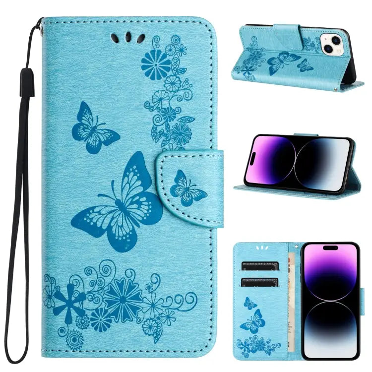 Butterfly Embossed Flip Leather Phone Case For iPhone 15 Pro For iPhone 15 Plus For iPhone 15 - For iPhone 15 / Blue
