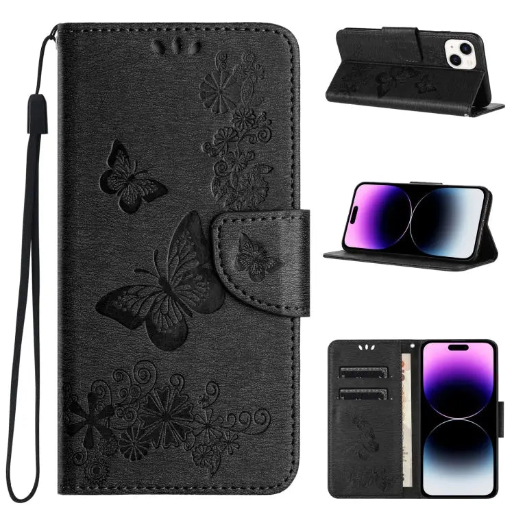 Butterfly Embossed Flip Leather Phone Case For iPhone 15 Pro For iPhone 15 Plus For iPhone 15 - For iPhone 15 / Black